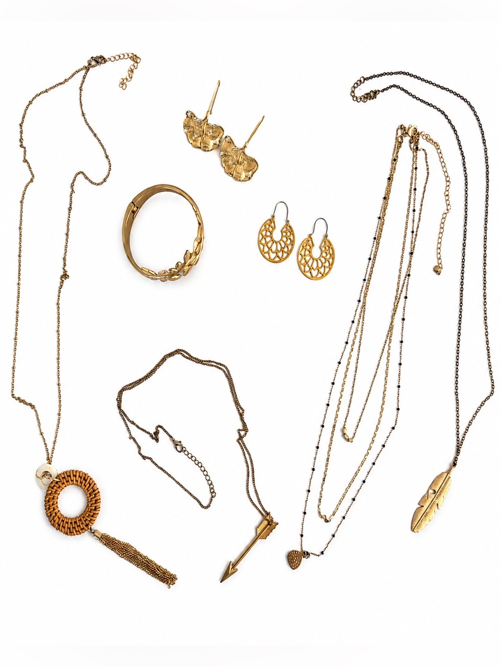 7 Piece Gold Tone Mixed Jewelry Lot Necklaces Earrings Bracelet Boho Bundle
